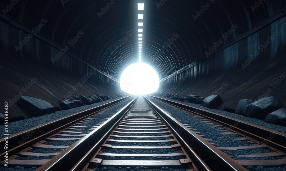 Fototapeta premium Railway tracks leading through a dark tunnel towards bright light