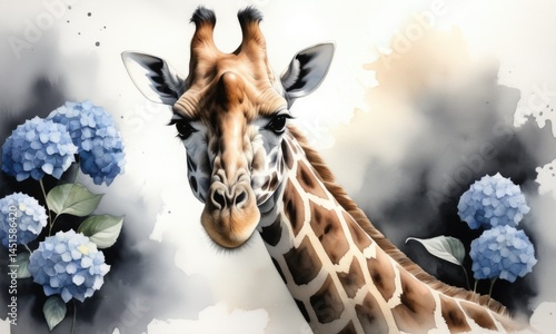 Portrait of a giraffe with vibrant blue hydrangeas in a watercolor style