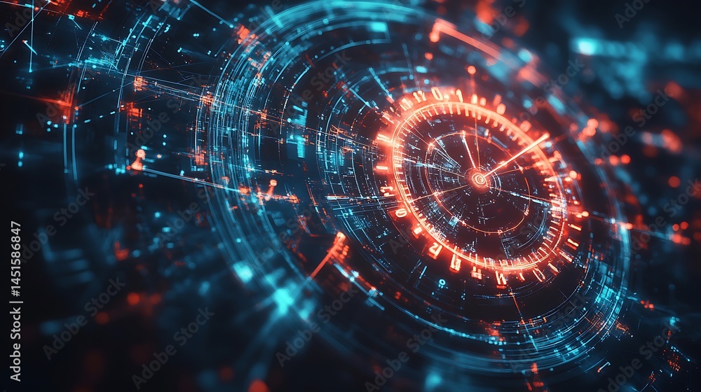 Obraz premium A line chart of hormone fluctuations animated with energy pulses, merging into the gears of a ticking clock on the right. Background: neural network mesh. Futuristic biotech concept. --ar 16:9