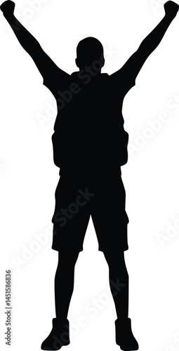 Silhouette illustration of a triumphant hiker standing with arms raised, wearing a backpack and shorts, symbolizing achievement and outdoor adventure