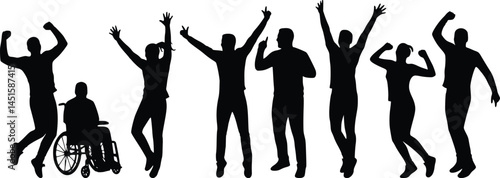Silhouette illustration of eight individuals, including one person in a wheelchair, all raising their arms in celebratory or energetic poses, symbolizing diversity and inclusivity