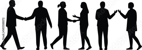 Silhouette illustration of six individuals engaging in various social interactions, including handshakes and gestures, isolated vector illustration 