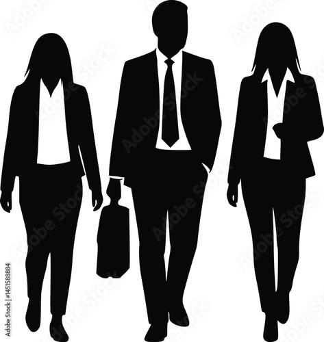 Silhouette illustration of three business professionals walking side by side, dressed in formal attire including suits and a briefcase, conveying confidence and teamwork