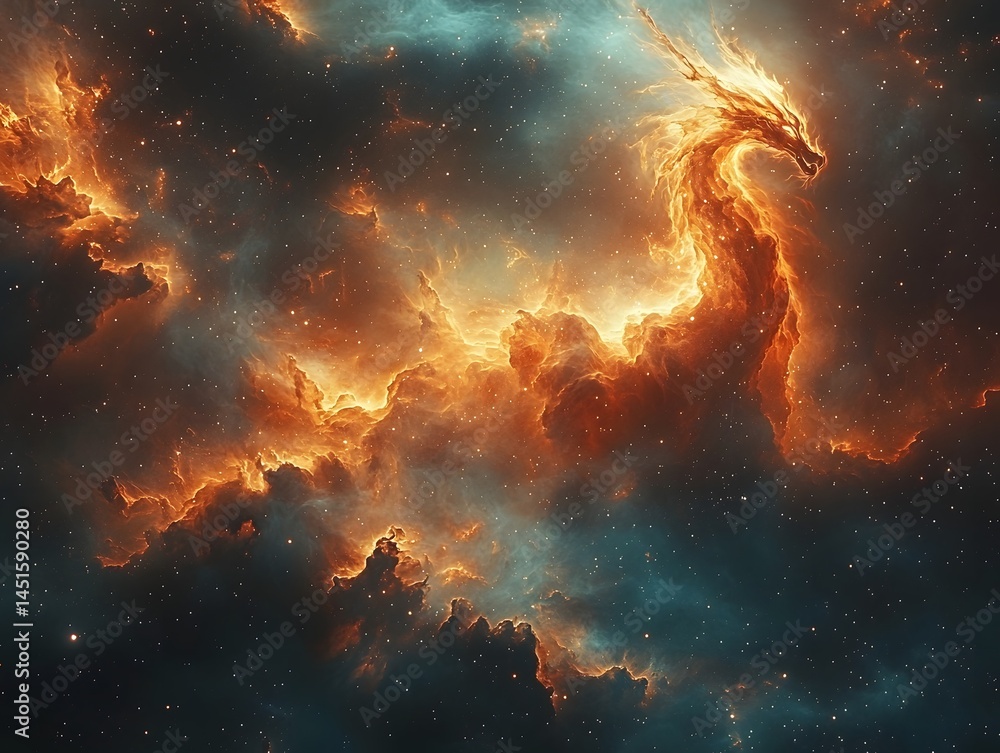 Fototapeta premium Cosmic dragon nebula ablaze in vibrant hues