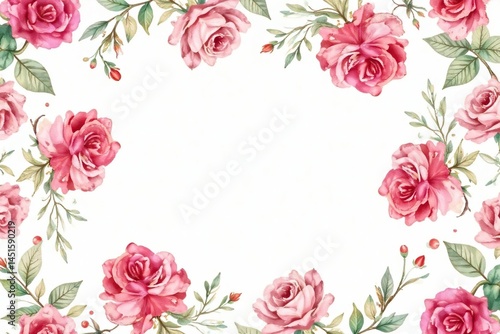 Delicate watercolor roses & leaves, repeating pattern , pink, romantic