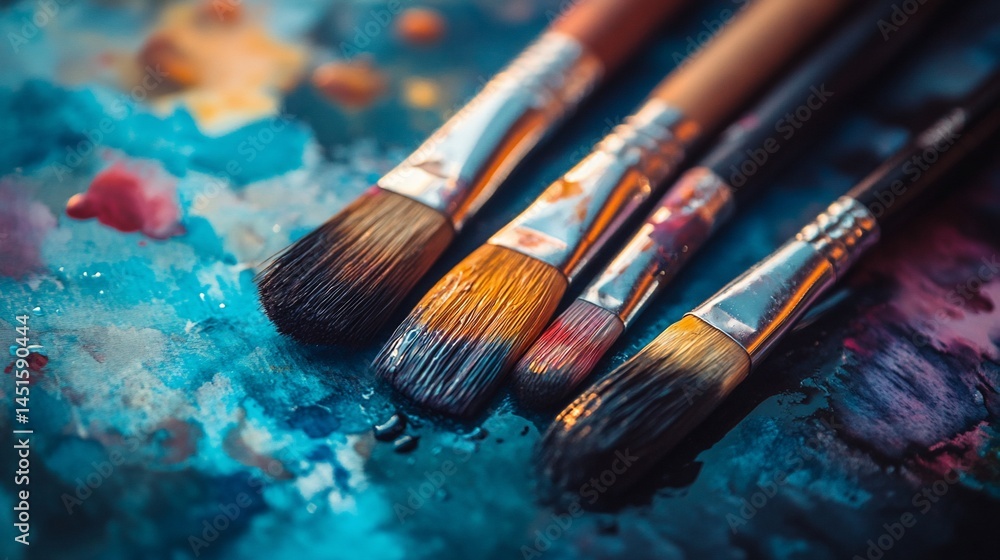 Obraz premium Artistic Palette: Close-up of Paintbrushes on a Vibrant Abstract Canvas