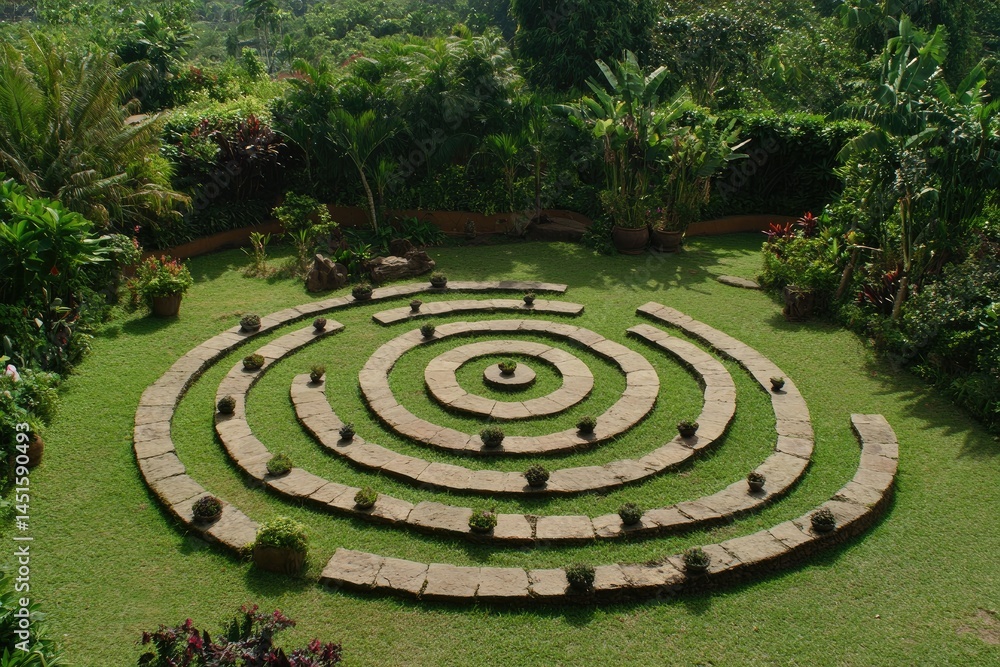 Circular garden design with concentric pathways and planters