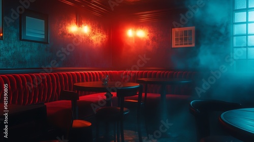 A dark jazz bar interior with crimson velvet seating and deep midnight blue walls, haze of cigarette smoke, soft stage spotlight. Created using: atmospheric interior photography, noir style,