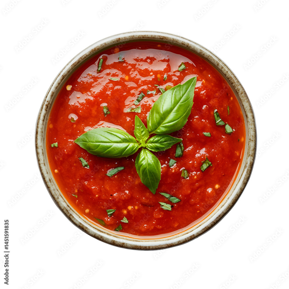 Delicious Tomato Basil Sauce in Bowl Overhead View Delicious Tomato Basil Sauce in Bowl Overhead View