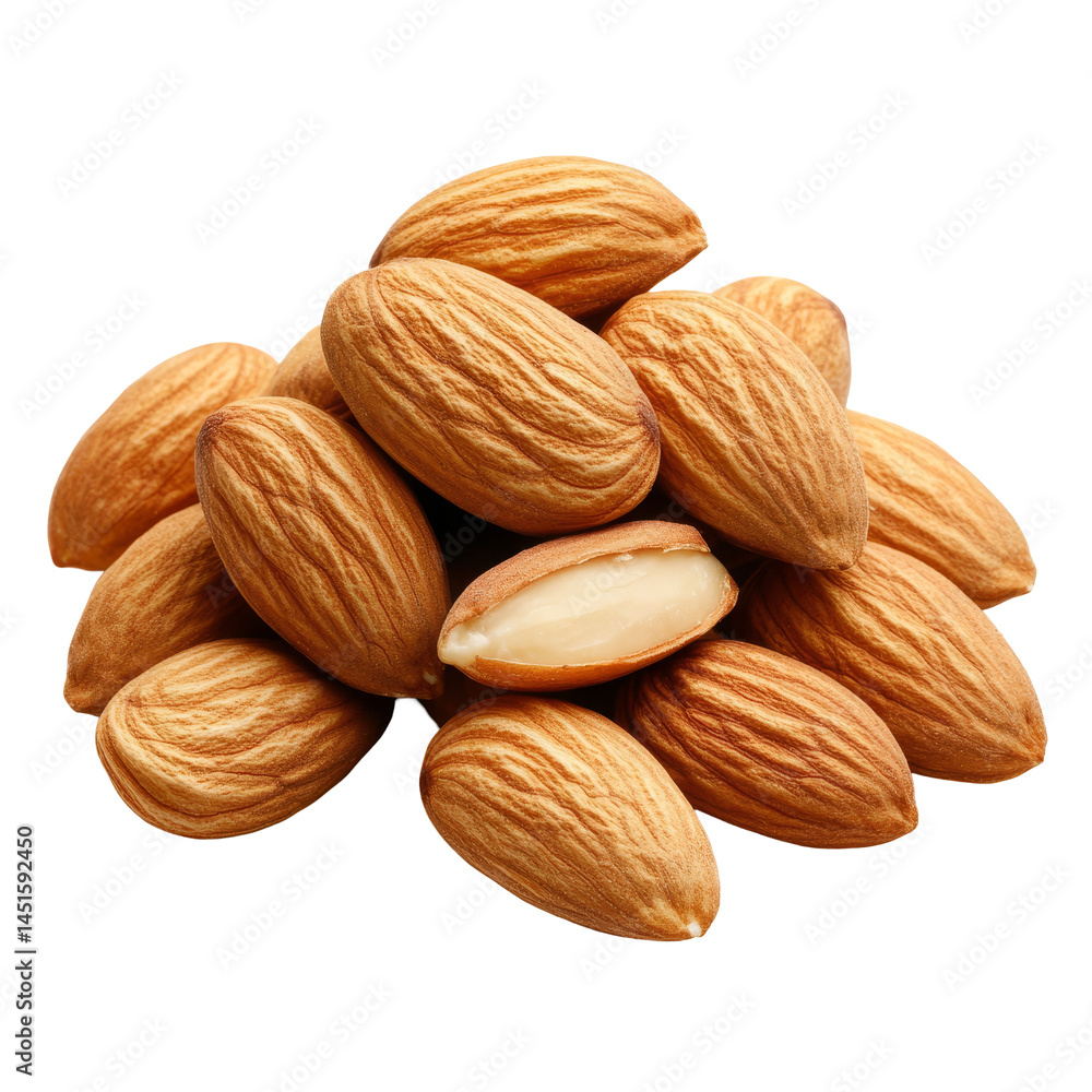 A closeup of a pile of raw almonds revealing their natural texture and color against a plain backdrop, Group of almonds A closeup of a pile of raw almonds revealing their natural texture and color against a plain backdrop, Group of almonds