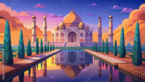 The majestic Taj Mahal stands serene at sunrise, reflected in the calm waters of its garden pool