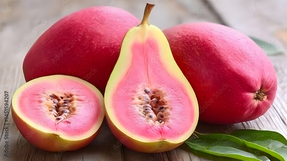 Pink pears sliced wood background food
