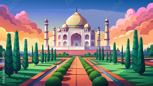 Lush green lawns lead to the white marble dome of the Taj Mahal under a pastel sky