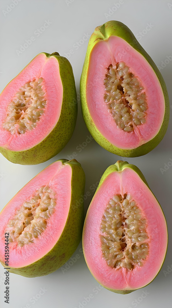 Pink guava halves, fruit, food, table