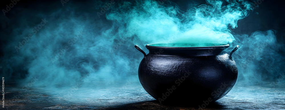 Halloween cauldron, spooky smoke, magic brew