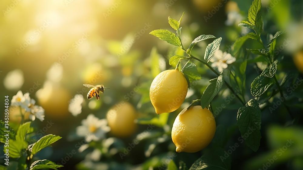 A summer garden bursting with mint plants and lemon trees, sunlight dappling through leaves, bees hovering near blooms. Created using: macro garden photography, natural colors, warm summer tones, A summer garden bursting with mint plants and lemon trees, sunlight dappling through leaves, bees hovering near blooms. Created using: macro garden photography, natural colors, warm summer tones,