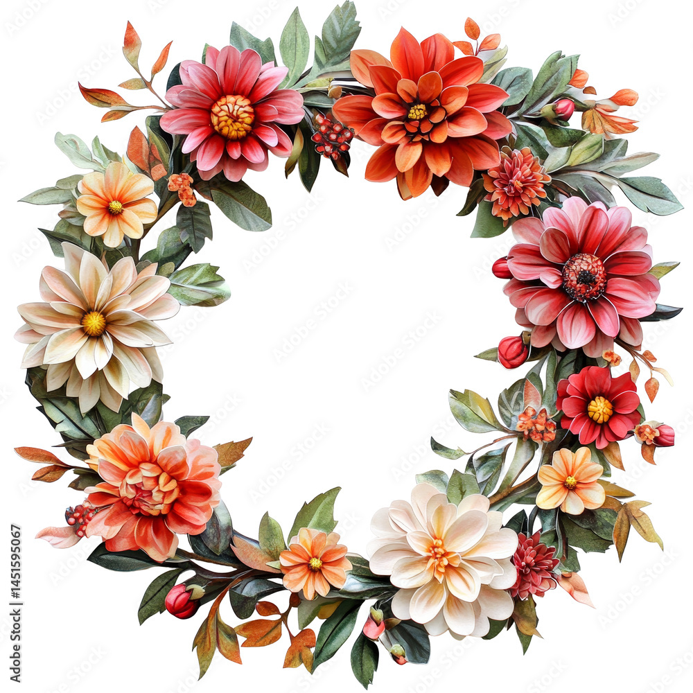Obraz premium A vibrant dahlia and flower wreath adorned with autumn colors on a pristine transparent background, showcasing natural beauty and artistry, Dahlia and flowers floral wreath on whtie background cutouts
