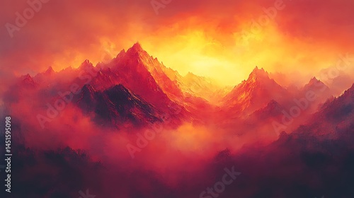 A surreal interpretation of mountain peaks melting into crimson and gold clouds, dreamlike glow, painterly brushstroke effect. Created using: digital surrealism, vibrant impressionist style,