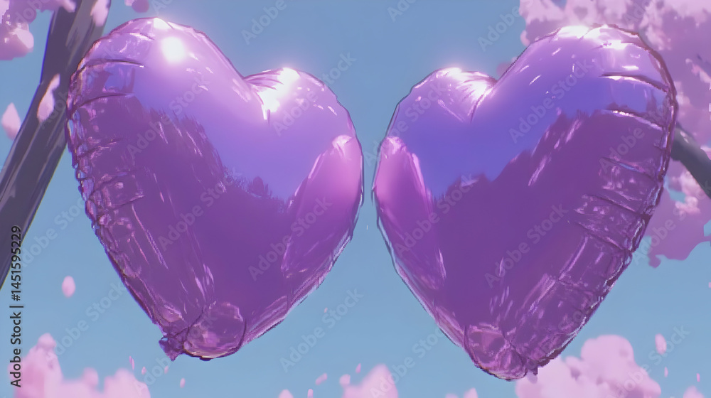 Pink heart balloons, spring sky, love