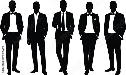 Silhouette illustration of five formally dressed individuals, wearing suits with a mix of neckties and bow ties, standing in confident and stylish poses. isolated vector illustration 
