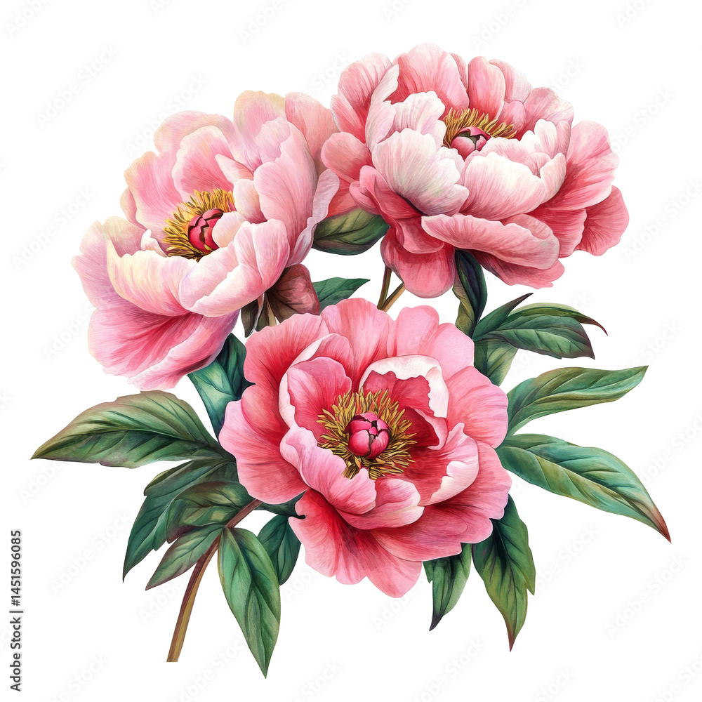 Obraz premium Delicate peonies in soft pink hues with lush green leaves against a pristine transparent background, peonies flowers isolated on transparent background