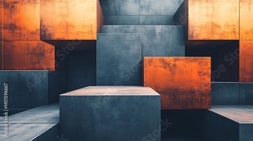 An abstract architectural composition using slate and copper slabs, intersecting planes, minimal background, sharp angles, shadow play. Created using: modern architecture, abstract realism,