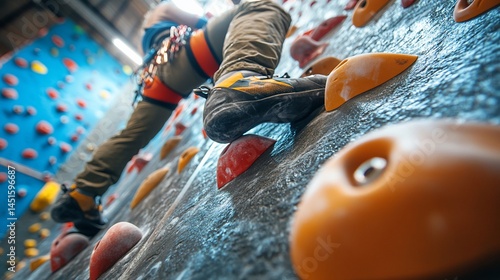 Close-up of Climber's Foot on Indoor Climbing Wall
