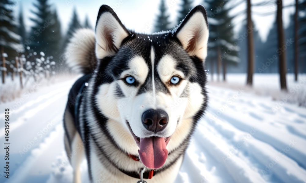 Siberian husky enjoying snowy winter wonderland in forest Siberian husky enjoying snowy winter wonderland in forest