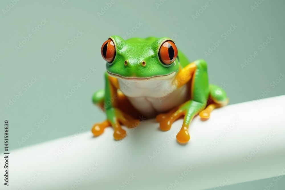 Obraz premium Green tree frog perched on white, vibrant skin, green frog, fauna, green