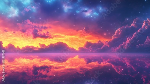 An alien terrain glowing under a sky painted in indigo and pearl galaxy mist, bioluminescent flora glowing faintly below. Created using: sci-fi world-building, dreamscape aesthetics,