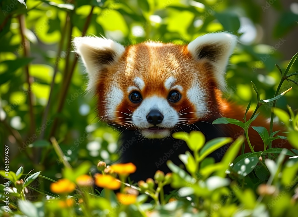 Obraz premium Cute Red Panda Peeking Through the Plants