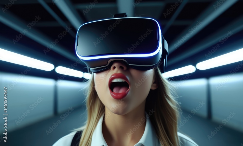 Woman experiencing virtual reality with headset in futuristic tunnel Woman experiencing virtual reality with headset in futuristic tunnel