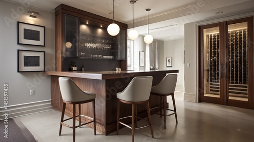 Contemporary home bar with elegant design and adjacent wine cellar showcase