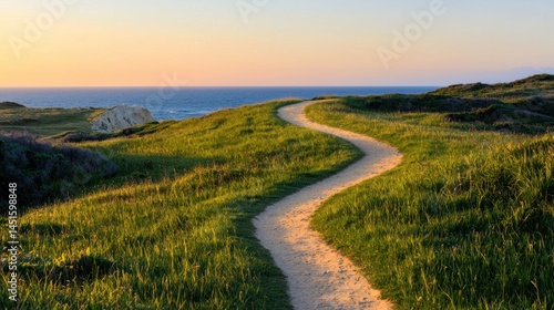A winding pathway leads to the ocean view during the golden hour
