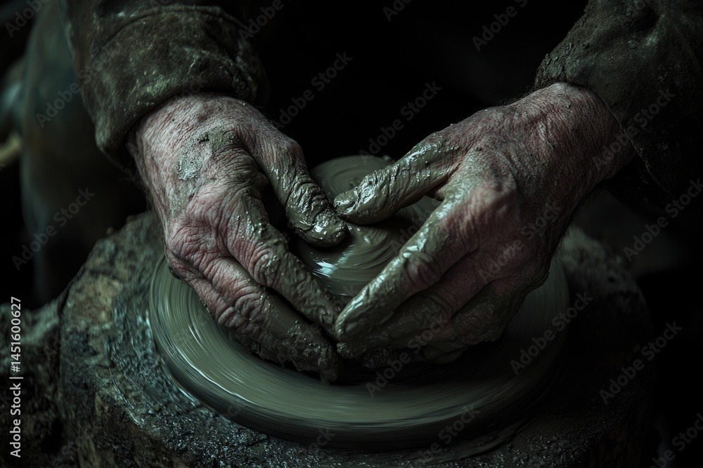 Fototapeta premium Hands of a potter shaping clay on a spinning wheel with focused intensity and skill.