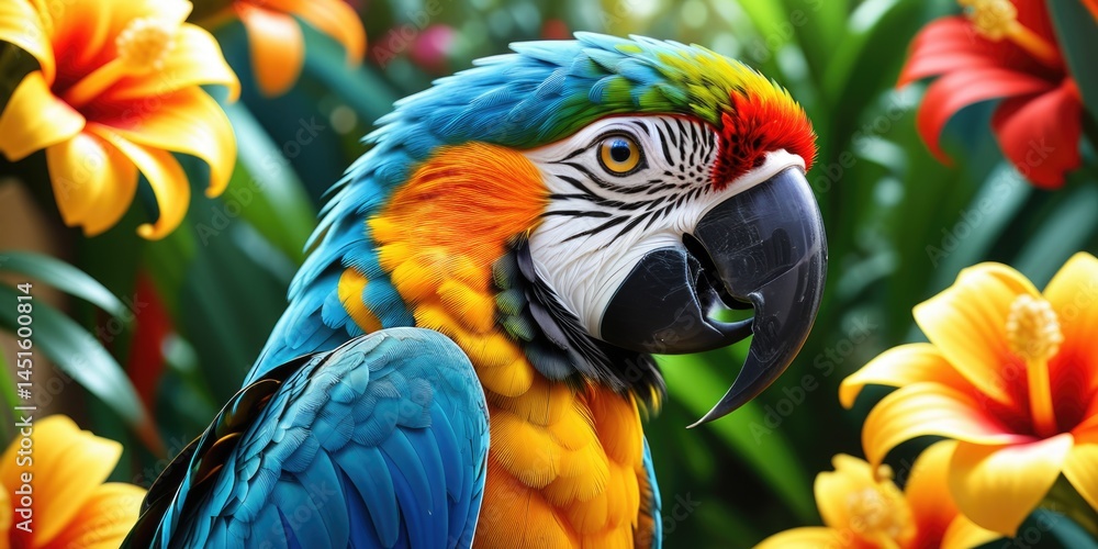Fototapeta premium Vibrant parrot amidst tropical flowers showcasing colorful feathers