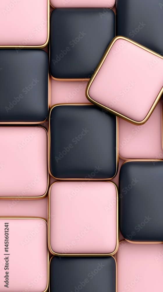 Fototapeta premium Abstract Pink and Gray Square Pattern with Gold Trim
