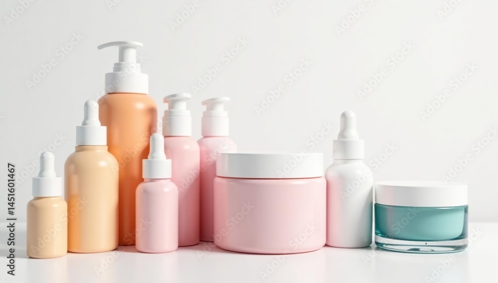 Various cosmetic containers on white backdrop, design, marketing Various cosmetic containers on white backdrop, design, marketing