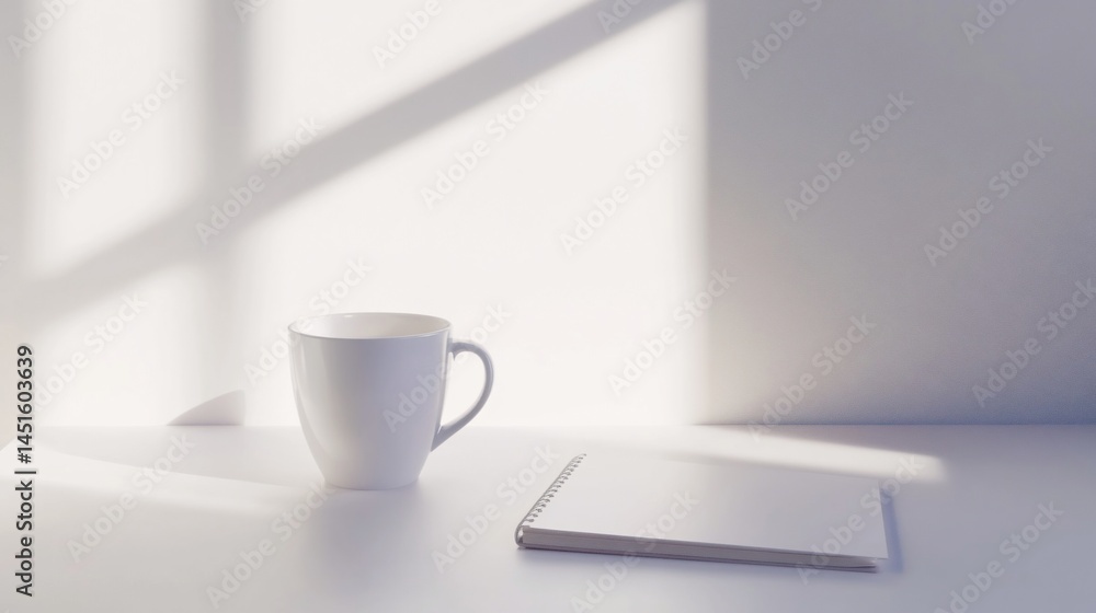 Serene Minimalist Workspace: Coffee Mug and Blank Notebook Serene Minimalist Workspace: Coffee Mug and Blank Notebook