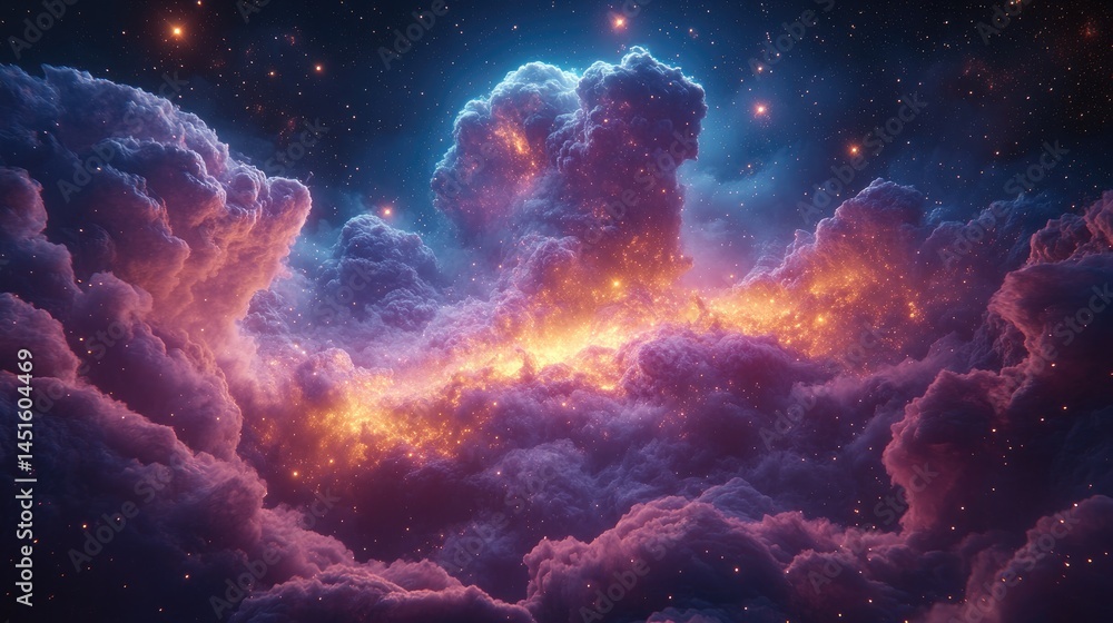 Fototapeta premium A stunning cosmic scene showcasing vibrant nebulae and shimmering stars in a vast galaxy filled with swirling clouds