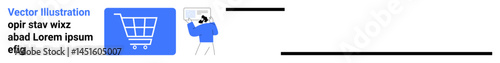 Shopping cart icon beside a user interacting with a screen, symbolizing online shopping. Ideal for e-commerce, digital transactions, marketing, consumer behavior, online marketplaces, sales strategy