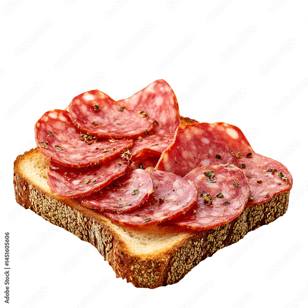 Delicious Salami Slices on Toasted Bread, Herb Seasoned Delicious Salami Slices on Toasted Bread, Herb Seasoned