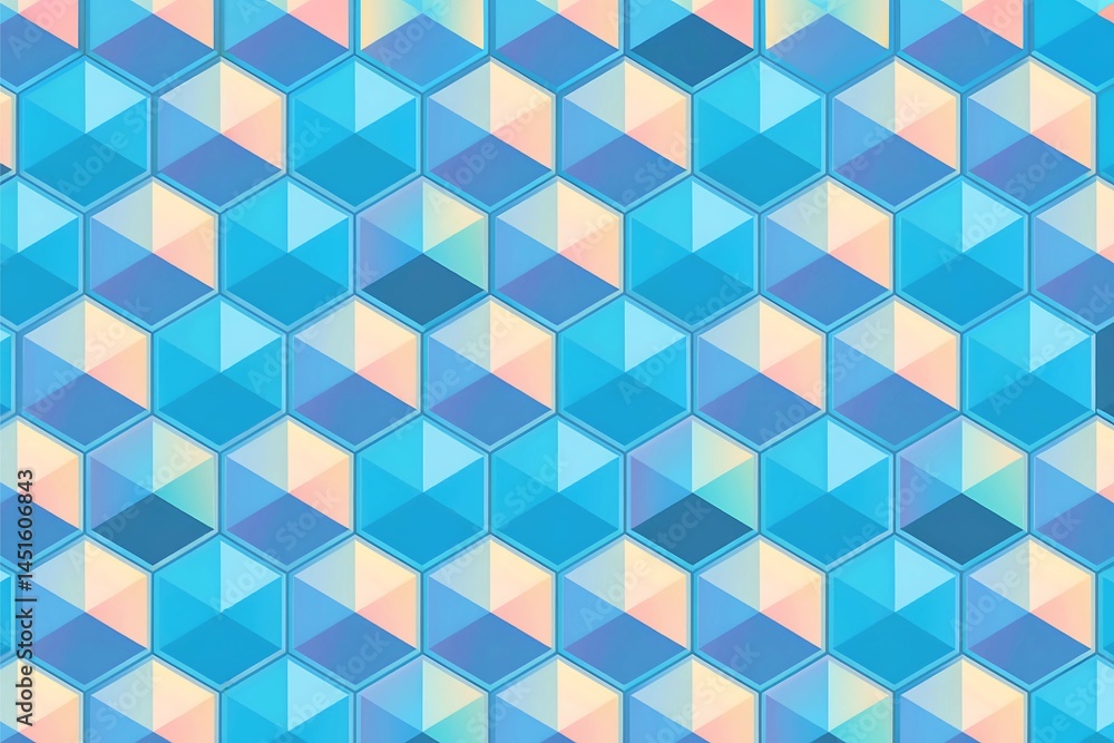 Geometric Blue and Pastel Hexagonal Pattern Design, Modern Abstract Digital Art with Soft Color Transitions, Ideal for Contemporary Interiors and Textile Prints Geometric Blue and Pastel Hexagonal Pattern Design, Modern Abstract Digital Art with Soft Color Transitions, Ideal for Contemporary Interiors and Textile Prints