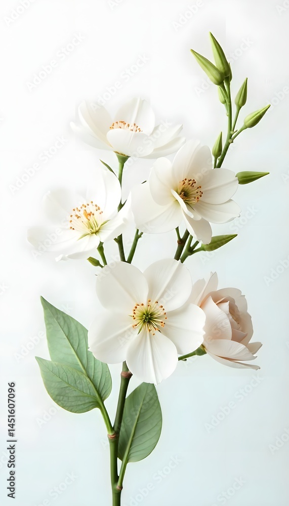 Fototapeta premium Clean background white flowers with stems and unopened buds high resolution picture