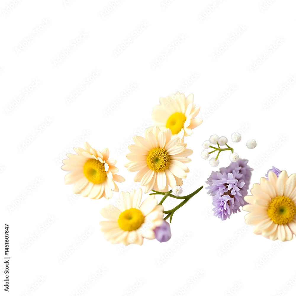 Naklejka premium Elegant Cream Daisies and Lavender Flowers Bouquet on Transparent 