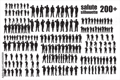 Silhouette of Saluting Soldiers and Officers in Uniform