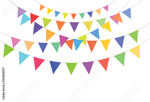 Carnival garland with flags. Decorative colorful party pennants and bunting for birthday, Eid Mubarak, anniversary, celebration, baby shower, wedding, festival, and fair decoration