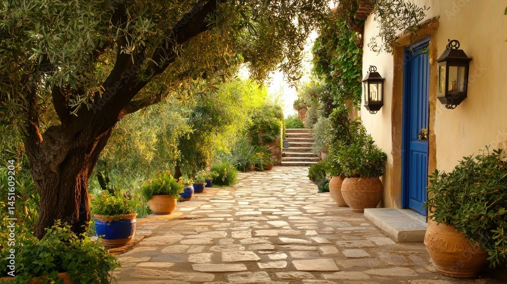 Fototapeta premium Picturesque outdoor walkway with lush greenery and an inviting door