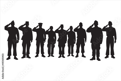 Silhouette of Saluting Soldiers and Officers in Uniform