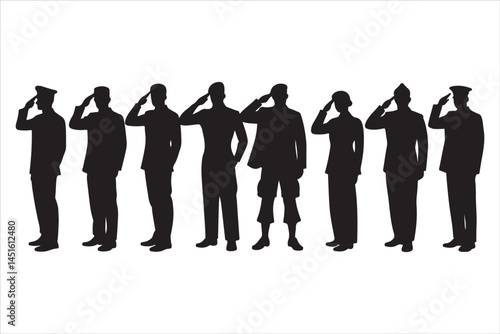 Silhouette of Saluting Soldiers and Officers in Uniform